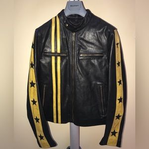 Belstaff Mens Black Yellow Stars Leather Jacket Moto Biker Zip Stripe Medium 36